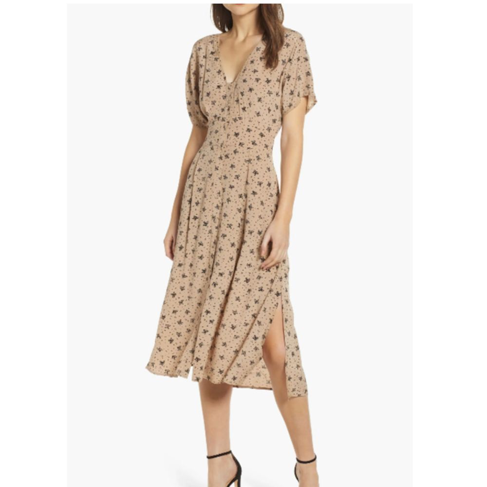 Astr Beige Floral Midi Dress with Black Print